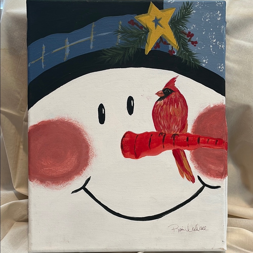 Holiday Snowman Canvas with Red Cardinal